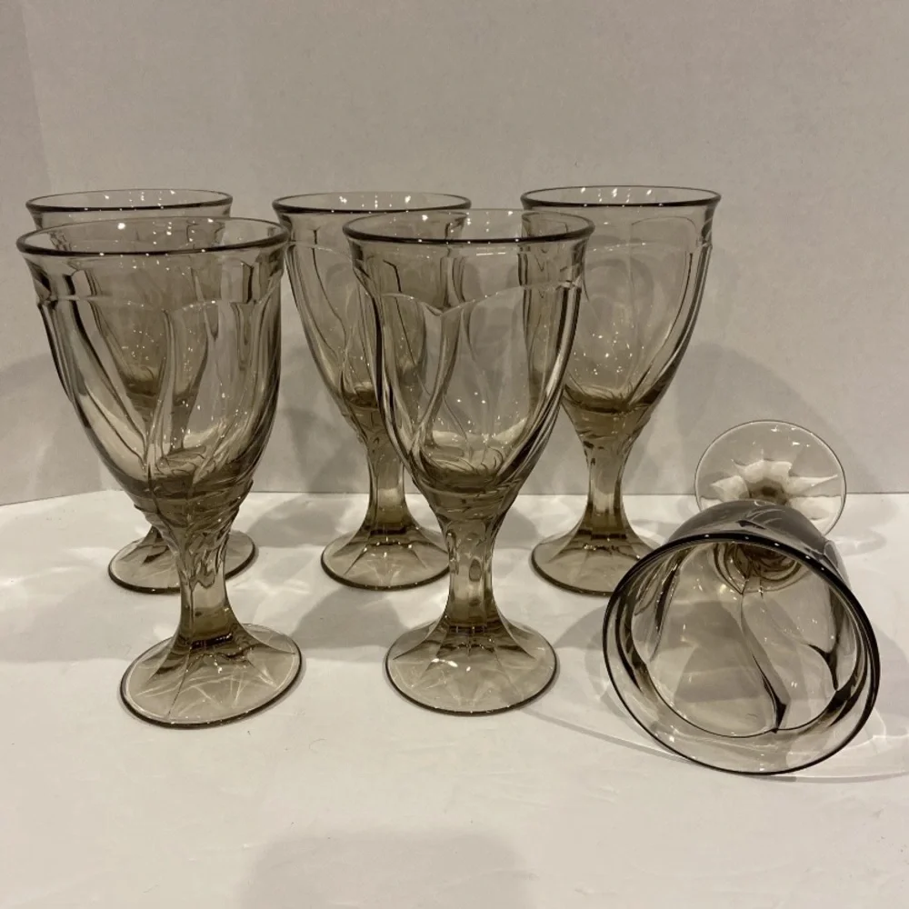 Set of 6 VTG Noritake Sweet Swirl Tawny Brown/Amber/Sepia/Smoke Wine Glasses MCM